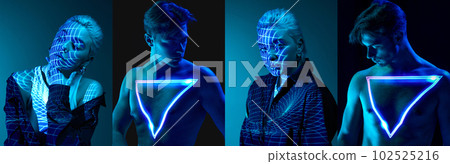 Collage. Handsome, young guy and beautiful girl posing over dark background with digital neon reflection on body. 102525216