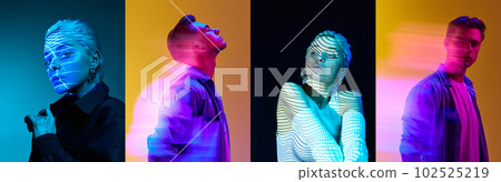 Collage. Portrait of young handsome guy and beautiful girl with holographic neon filter light reflection on body over multicolored background 102525219