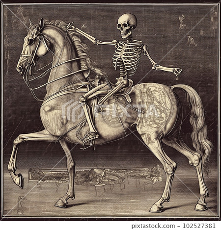 Human skeleton rides a horse, black and white drawing, vintage engraving style, 102527381