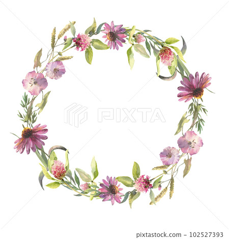 Floral wreath. Watercolor field flower round frame. Wildflowers isolated on white background. Meadow flowers circle border. 102527393