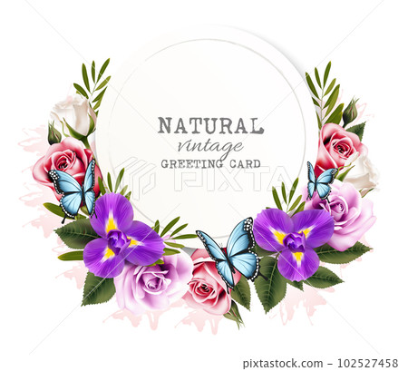 Natural vintage greeting card with beautiful colorful flowers and butterflies. Vector. 102527458