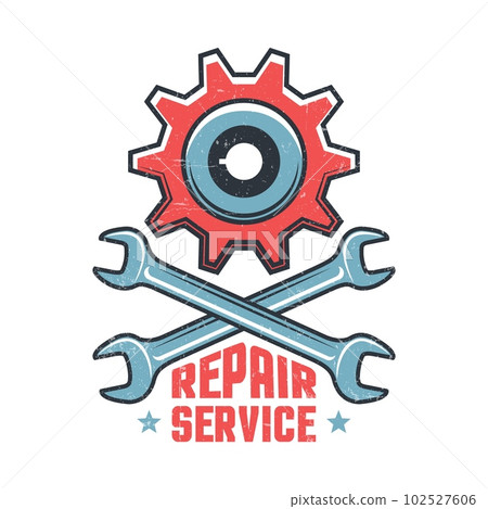 Repair workshop - vintage emblem with gear and spanner Repair workshop - vintage emblem with gear and spanner 102527606