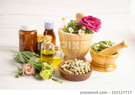 Alternative medicine herbal organic capsule with vitamin E omega 3 fish oil, mineral, drug with herbs leaf natural supplements for healthy good life. Alternative medicine herbal organic capsule with vitamin E omega 3 fish oil, mineral, drug with herbs leaf natural supplements for healthy good life. 102527717