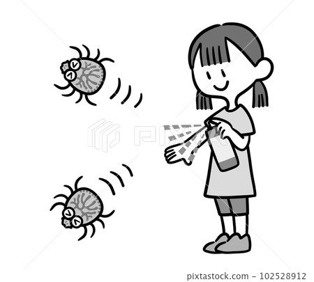 Girl using insect repellent spray black and white 102528912