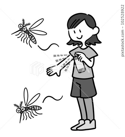 Woman using insect repellent spray black and white 102528922