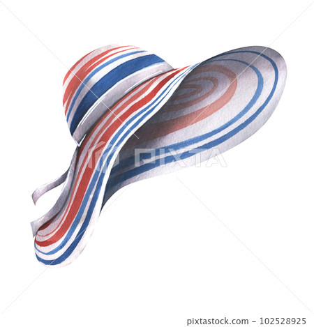 Summer, striped, beach hat in white, blue and red. Watercolor illustration, hand drawn. Isolated object on a white background. Summer, striped, beach hat in white, blue and red. Watercolor illustration, hand drawn. Isolated object on a white background. 102528925