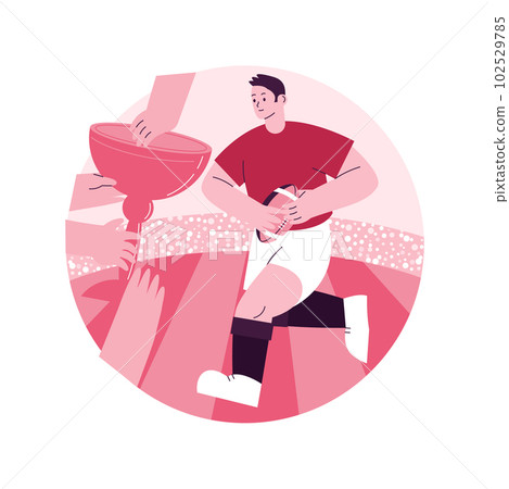 Rugby abstract concept vector illustration. American football, professional player, playground arena, training equipment, match ball, world cup league, grass field, stadium abstract metaphor. 102529785