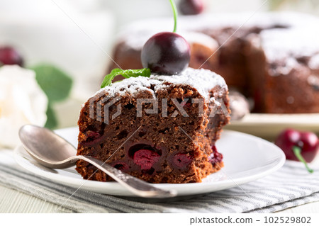 Piece of chocolate pie with cherries. 102529802