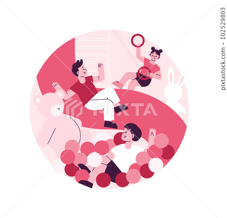 Playroom for kids abstract concept vector illustration. Playing space for kids, indoor playgrounds, all in one children activity, toys and furniture, neutral home playroom decor abstract metaphor. 102529803