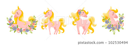 Pink Unicorn with Slender Legs and Golden Mane Vector Set Pink Unicorn with Slender Legs and Golden Mane Vector Set 102530494