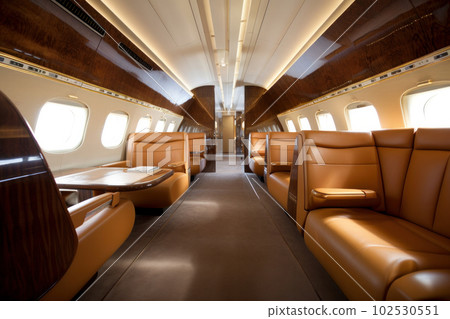Airplane interior with comfortable seating, tray tables, and overhead compartments for convenient travel Generative AI 102530551