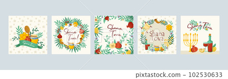 Rosh Hashana Jewish Holiday Greeting Card with Attributes and Symbolic Food Vector Set 102530633