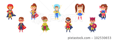 Smiling Boy and Girl Character in Superhero Costume and Cloak Standing Ready to Save the World Vector Illustration Set 102530653