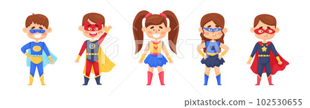 Smiling Boy and Girl Character in Superhero Costume and Cloak Standing Ready to Save the World Vector Illustration Set Smiling Boy and Girl Character in Superhero Costume and Cloak Standing Ready to Save the World Vector Illustration Set 102530655