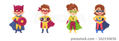 Smiling Boy and Girl Character in Superhero Costume and Cloak Standing Ready to Save the World Vector Illustration Set Smiling Boy and Girl Character in Superhero Costume and Cloak Standing Ready to Save the World Vector Illustration Set 102530656