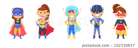 Smiling Boy and Girl Character in Superhero Costume and Cloak Standing Ready to Save the World Vector Illustration Set Smiling Boy and Girl Character in Superhero Costume and Cloak Standing Ready to Save the World Vector Illustration Set 102530657