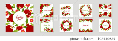 Pomegranate Greeting Card with Ripe Red Fruit and Foliage Vector Set 102530685