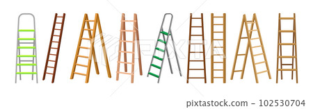 Wooden and Metal Step Ladder for Domestic and Construction Need Vector Set 102530704