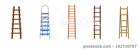 Wooden and Metal Step Ladder for Domestic and Construction Need Vector Set 102530707