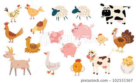Farm animals. Cow, goose, turkey, goat, pig, piglet, chickens, rooster, chickens, sheep. Ideal kids design, for fabric, wrapping, textile, wallpaper, apparel. Cartoon vector illustration 102531367