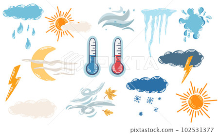 Weather Signs set. Weather forecast. Colorful weather, climate, forecast, stars icons. Sky, clouds, meteorology. Vector illustration for label, logo, emblem, symbol. Weather Signs set. Weather forecast. Colorful weather, climate, forecast, stars icons. Sky, clouds, meteorology. Vector illustration for label, logo, emblem, symbol. 102531377