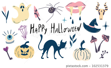 Halloween elements collection. Pumpkins, skulls, cat, spider, snake, ghost. Ideal for postcards, prints, prints, invitations and stickers. Cartoon hand draw vector illustration. 102531379