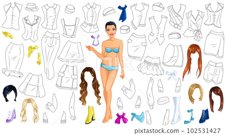 Flight Attendant Coloring Paper Doll with Clothes, Caps, Hairstyles and Accessories. Vector Illustration Flight Attendant Coloring Paper Doll with Clothes, Caps, Hairstyles and Accessories. Vector Illustration 102531427