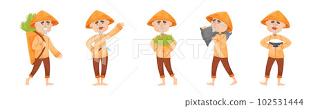 Asian Man Farmer in Straw Conical Hat Planting Rice Grass Vector Set 102531444