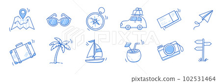 Summer travel vacation drawn icon set. Hand drawn sketch doodle style summer trip, vacation icon. Camera, travel bag, palm doodle element. Funny tourism vector Summer travel vacation drawn icon set. Hand drawn sketch doodle style summer trip, vacation icon. Camera, travel bag, palm doodle element. Funny tourism vector 102531464