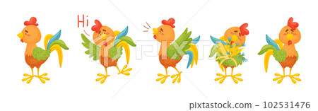 Rooster Funny Character with Bright Feathers Engaged in Different Activity Vector Set Rooster Funny Character with Bright Feathers Engaged in Different Activity Vector Set 102531476