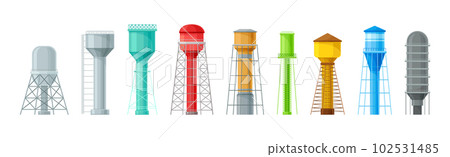 Elevated Water Tower or Tank Made of Metal for Storing Water Vector Set 102531485