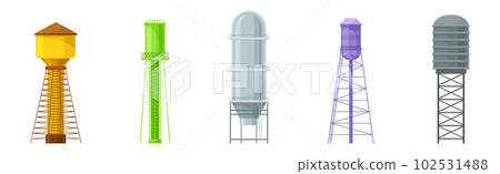 Elevated Water Tower or Tank Made of Metal for Storing Water Vector Set Elevated Water Tower or Tank Made of Metal for Storing Water Vector Set 102531488