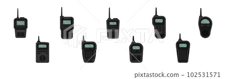 Black Portable Radio Device or Walkie Talkie with Antenna Vector Set 102531571