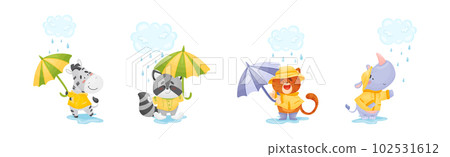 Smiling Animals Wearing Coat Walking on Puddles in Rainy Day with Umbrella Vector Set 102531612