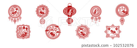 Red Chinese Rat or Mouse New Year Symbol and Emblem Vector Set 102532076