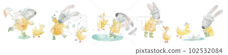 Cute watercolor children's illustration of bunny and duckling playing in the rain Cute watercolor children's illustration of bunny and duckling playing in the rain 102532084