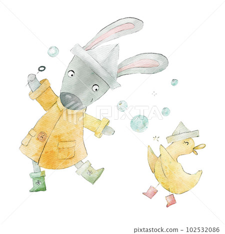 Cute watercolor children's illustration of bunny and duckling playing in the rain Cute watercolor children's illustration of bunny and duckling playing in the rain 102532086