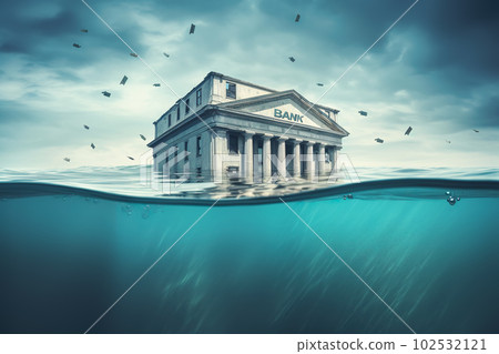Banking Default and Bank Crisis. Banks drowning in debt with financial instability concept. Generative AI illustration Banking Default and Bank Crisis. Banks drowning in debt with financial instability concept. Generative AI illustration 102532121
