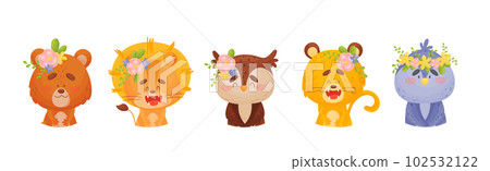 Cartoon Animals with Flower Decoration on Their Heads Vector Set Cartoon Animals with Flower Decoration on Their Heads Vector Set 102532122