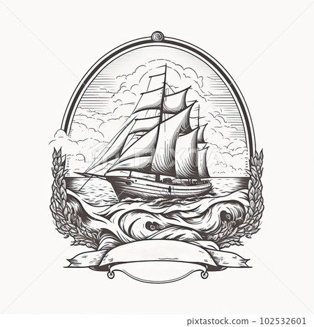 Sailboat Minimalistic Emblem Line Art Illustration 102532601