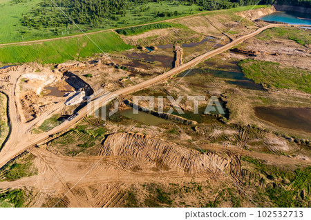 Picturesque landscape of a sand pit with a road and ponds shot from the air Picturesque landscape of a sand pit with a road and ponds shot from the air 102532713