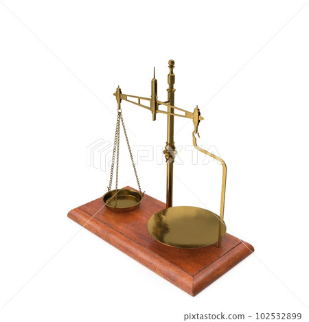 Gold brass Antique balance Scale isolated on white background. 3d render illustration 102532899