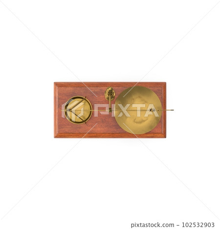 Gold brass Antique balance Scale isolated on white background. 3d render illustration 102532903