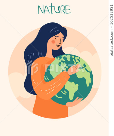 Our home planet symbolized as an eco friendly and sustainable globe in a miniature human context. Female character protect our earth. Concept consciousness and ecosystem preservation. Vector Our home planet symbolized as an eco friendly and sustainable globe in a miniature human context. Female character protect our earth. Concept consciousness and ecosystem preservation. Vector 102532951