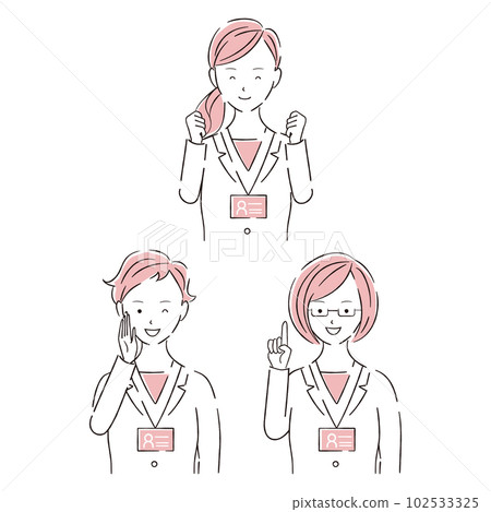 3 women in white coats with hand-drawn 1color nameplates positive 102533325