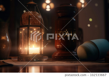 A glowing Ramadan lantern on a simple wooden table in a peaceful room, creating a warm and comforting atmosphere for iftar and Eid celebrations. AI Generative A glowing Ramadan lantern on a simple wooden table in a peaceful room, creating a warm and comforting atmosphere for iftar and Eid celebrations. AI Generative 102533667
