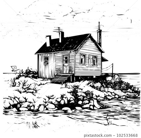 black and white vector ink illustration of small wooden house near the sea black and white vector ink illustration of small wooden house near the sea 102533668