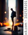The silhouette of a businessman stands on a stack of money against the background of a business city. The concept of business and finance. 3D-rendering. 102534101