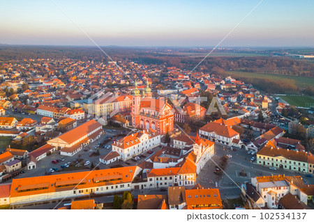 Stara Boleslav Town with Church of the Assumption of Mary, Czech Republic. Aerial view from drone. 102534137