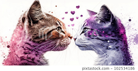 Two cats and flying hearts. Watercolor effect. Valentine's Day, love. Couple, relationship. Postcard, greeting card design. Generative AI. 102534186